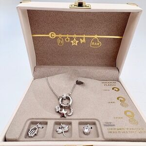 Charm Bar Rhodium Plated Customizable Necklace Set with 6 Charms and Jewelry Box